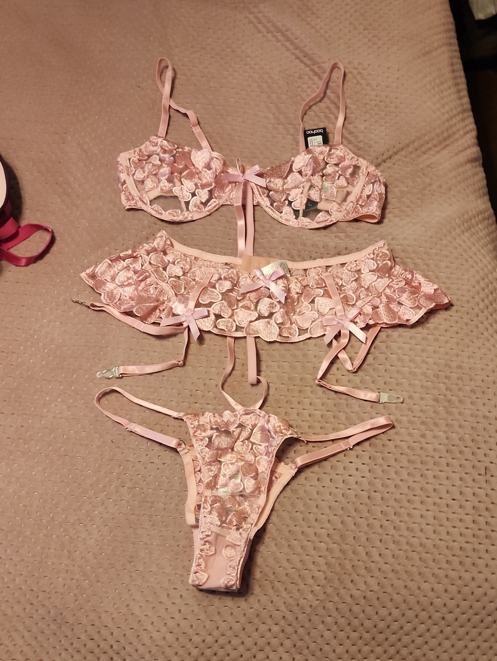 Boohoo Blush Pink Heart Lace Bra, Garter & Thong Set